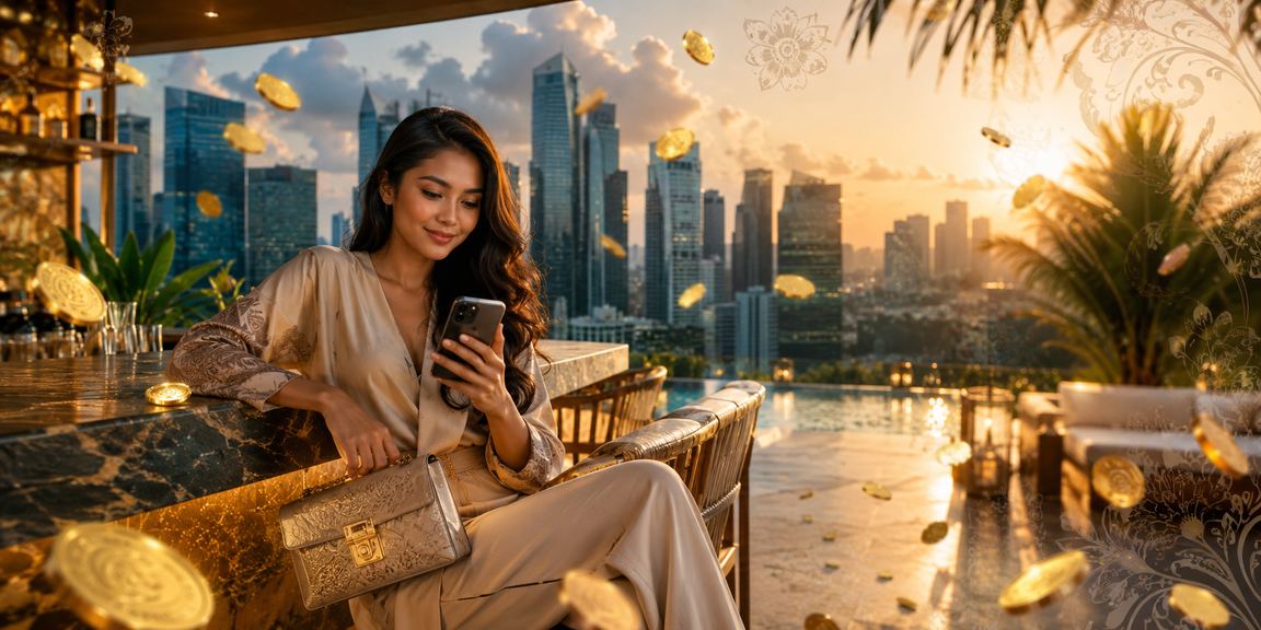 Model menggunakan ponsel untuk bermain casino online dengan gaya modern