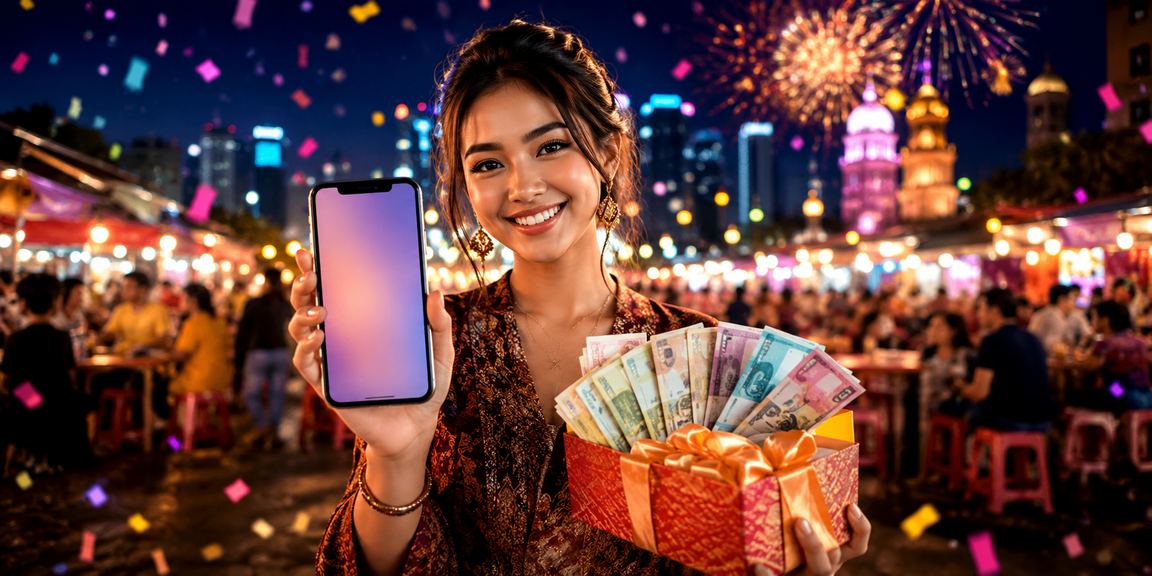 Pengguna mengakses casino mobile di pasar malam dengan suasana ramai